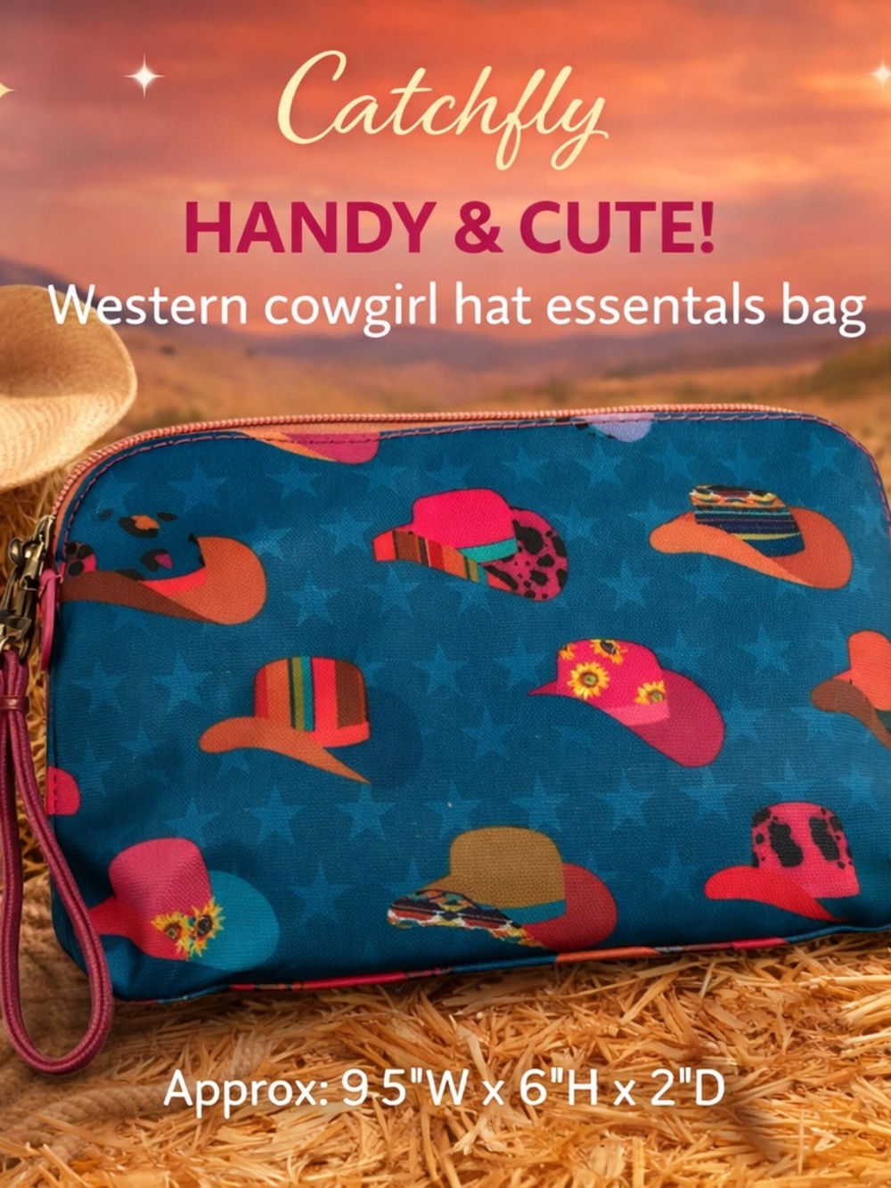Taletelly Teal Cosmetic Pouch with Bright Hat Print